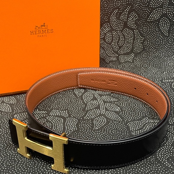 Hermes Black Leather 90 Belt with Gold Buckle
